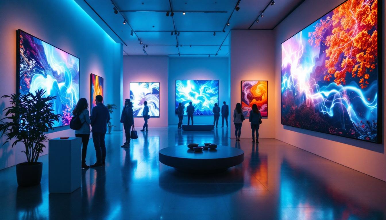 A photograph of a modern art gallery interior featuring dynamic lighting controls in action