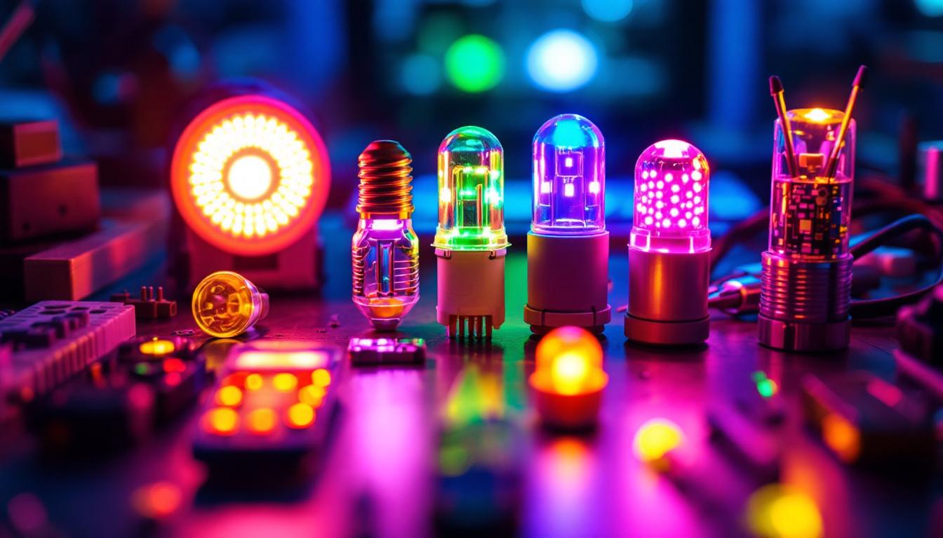 A photograph of a close-up shot of various led lights in different colors and shapes