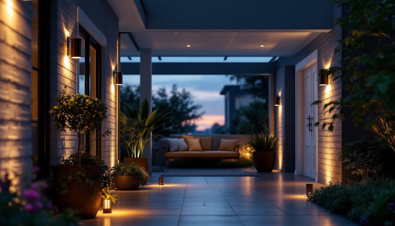A photograph of a beautifully illuminated outdoor porch featuring modern led lights