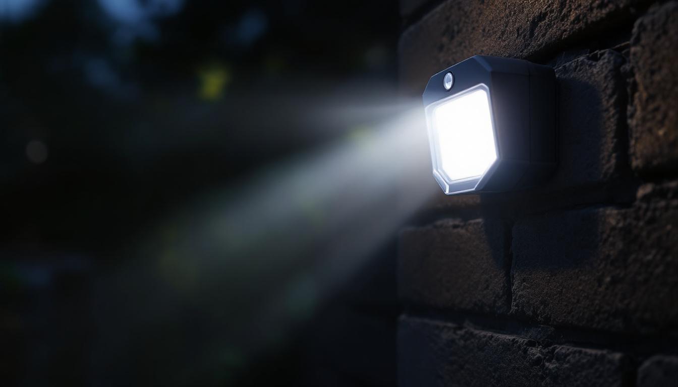 A photograph of a motion-detecting security light in action