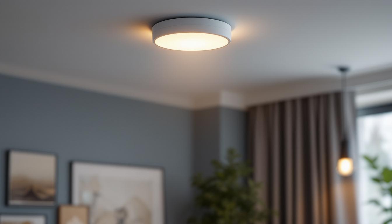 A photograph of a flush mount light fixture with a motion sensor in a well-lit