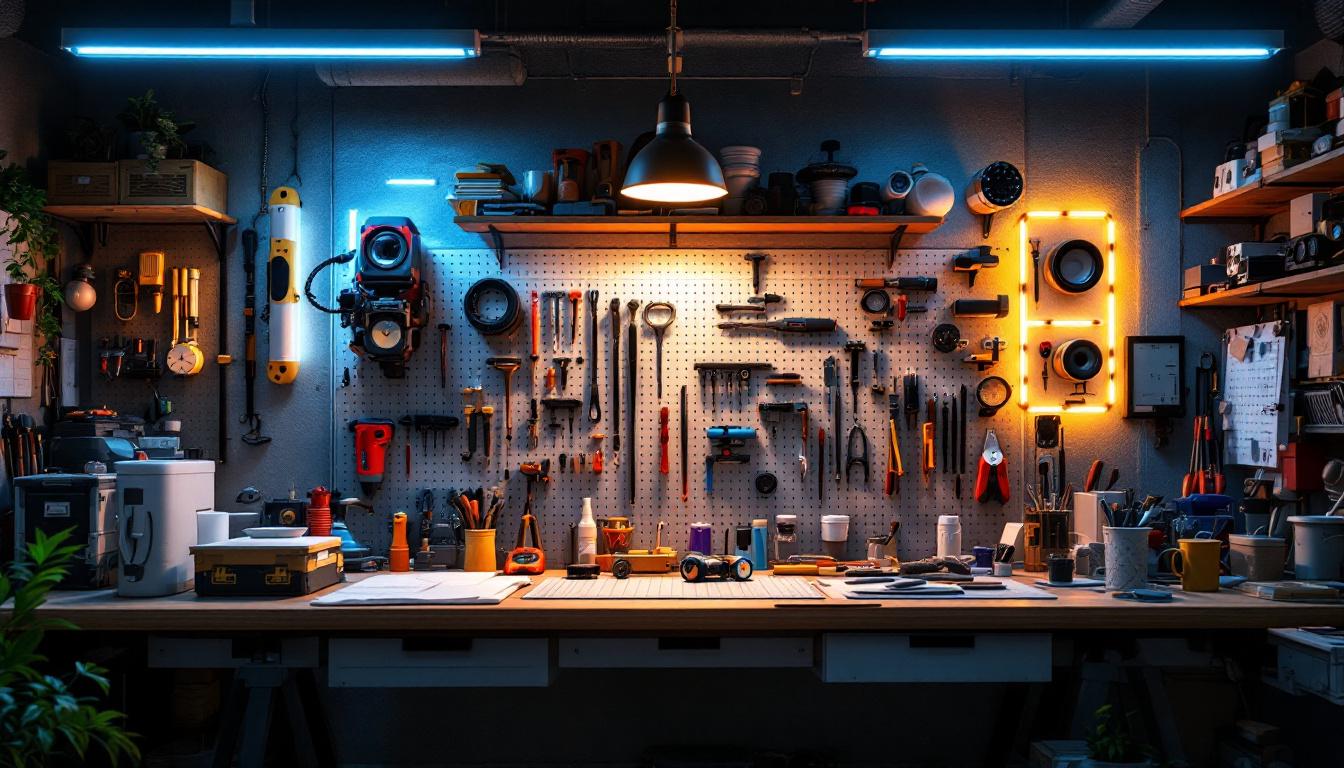 A photograph of a well-lit workspace showcasing a variety of led strip lighting installations