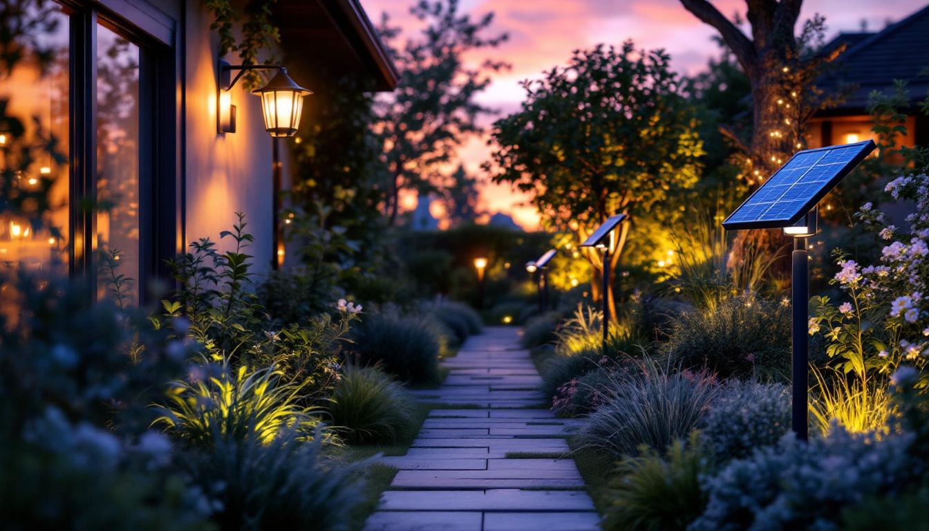 A photograph of a beautifully illuminated outdoor space featuring various solar light fixtures in use