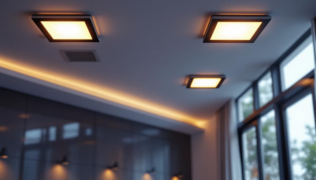 A photograph of a modern interior space featuring square led recessed lights installed in the ceiling