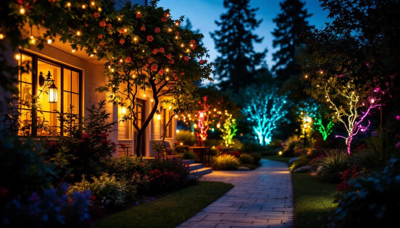 A photograph of a vibrant outdoor scene illuminated by colorful lights at dusk