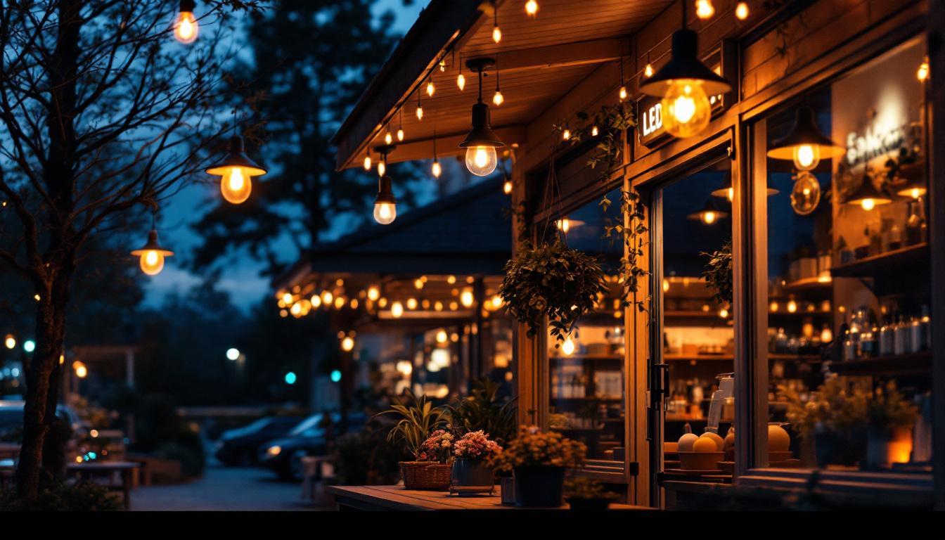 A photograph of a beautifully lit outdoor shop setting at dusk