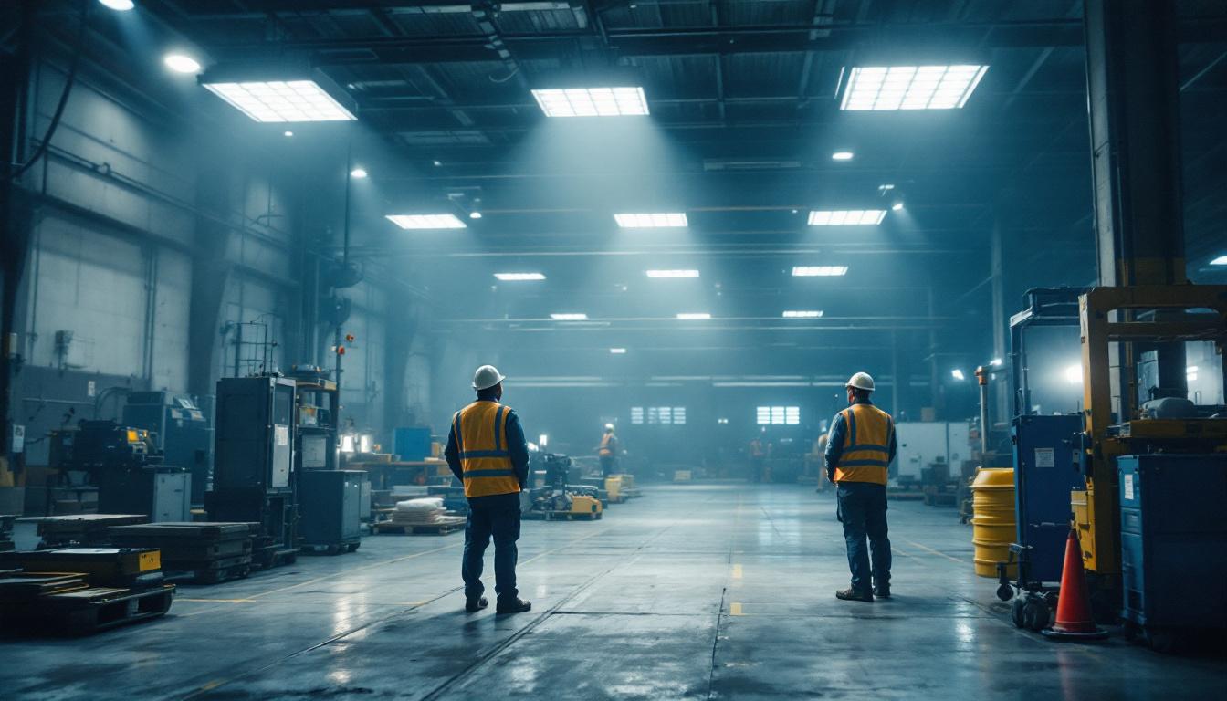 A photograph of a well-lit industrial space featuring high bay led fixtures in action