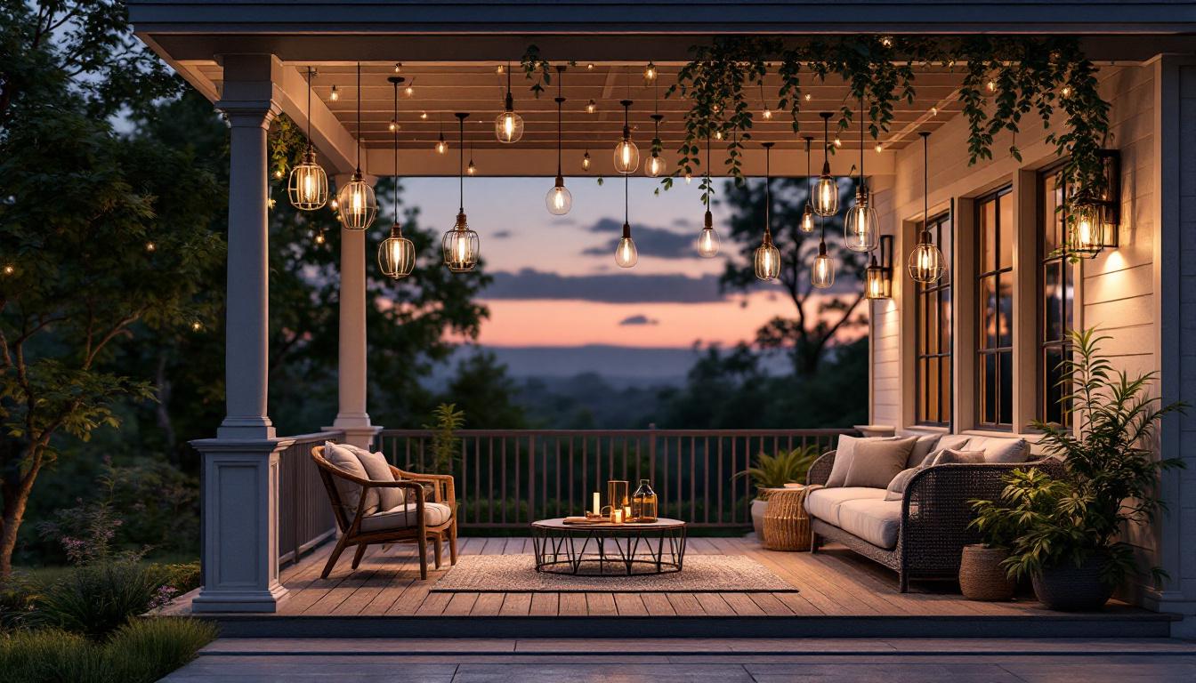 A photograph of a beautifully designed outdoor porch featuring a variety of stylish hanging lights