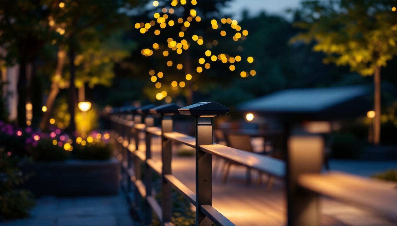 A photograph of a beautifully illuminated outdoor space featuring solar rail lights in action