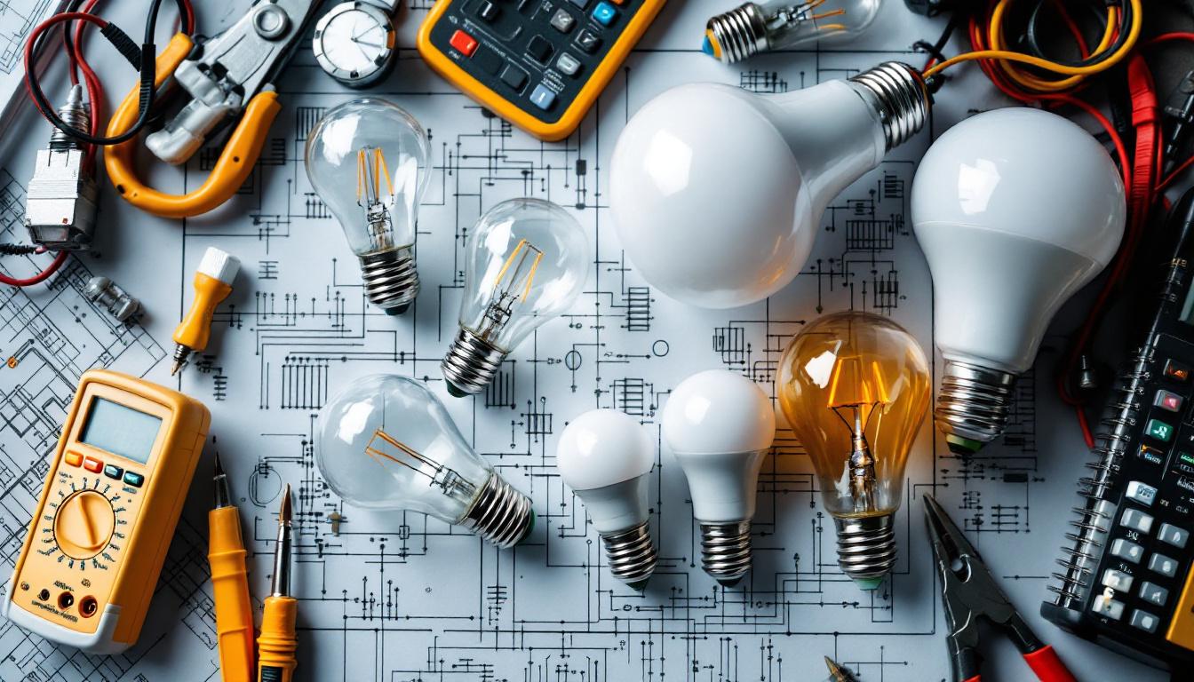 A photograph of a variety of g bulb sizes arranged aesthetically alongside electrical engineering tools