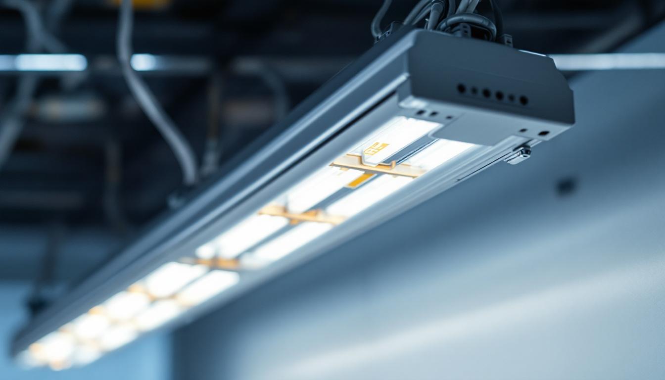 A photograph of a close-up view of a 4' 4 bulb fluorescent fixture in a well-lit environment
