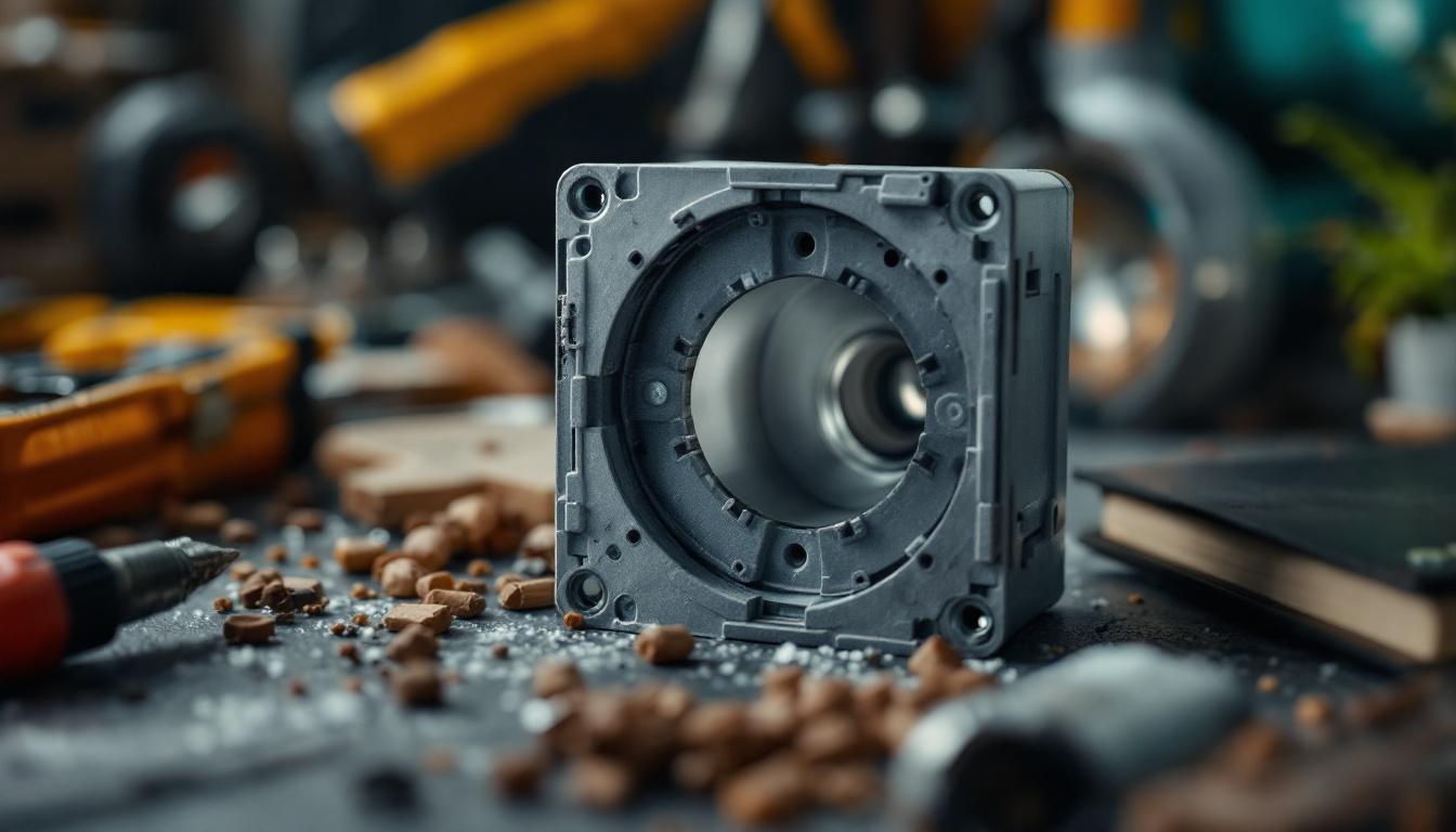 A photograph of a close-up view of a junction box cover with a hole