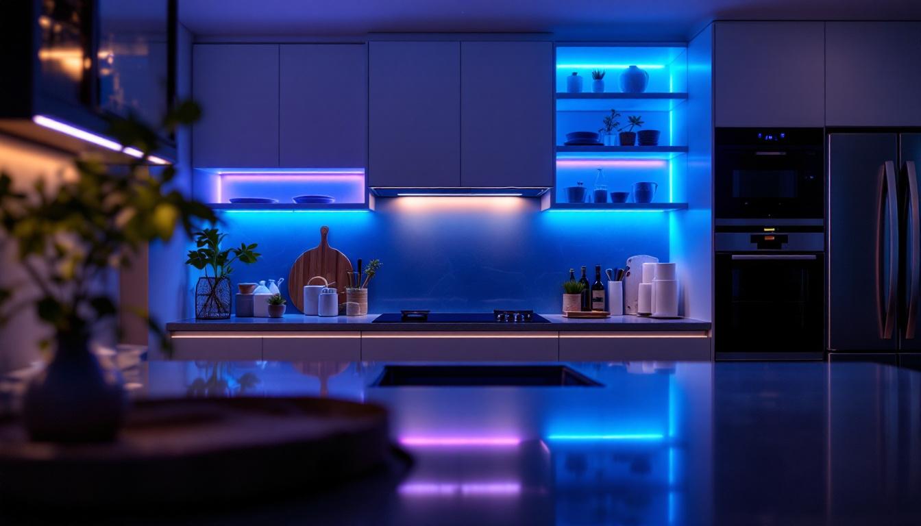 A photograph of a beautifully illuminated kitchen cabinet showcasing vibrant led light strips