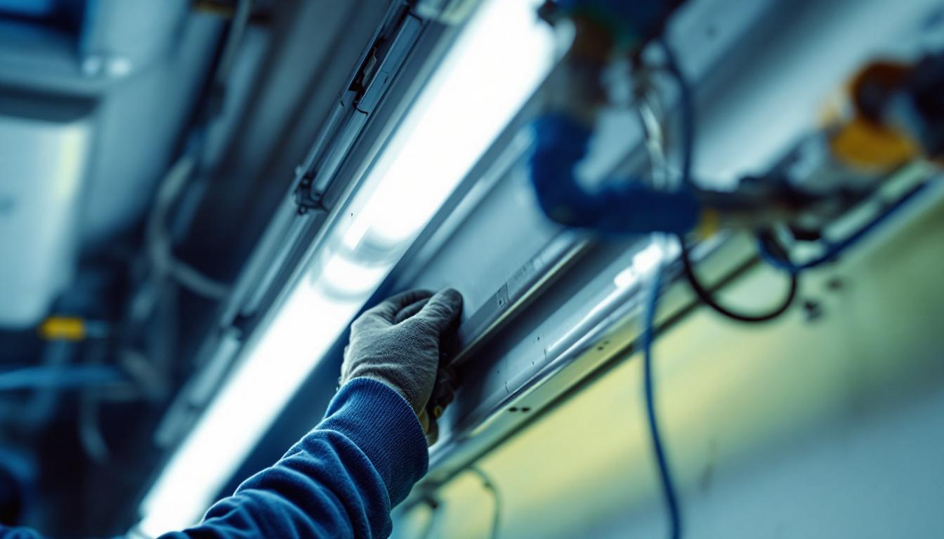 A photograph of a close-up shot of a 4-foot fluorescent tube being inspected or replaced in an electrical lighting fixture