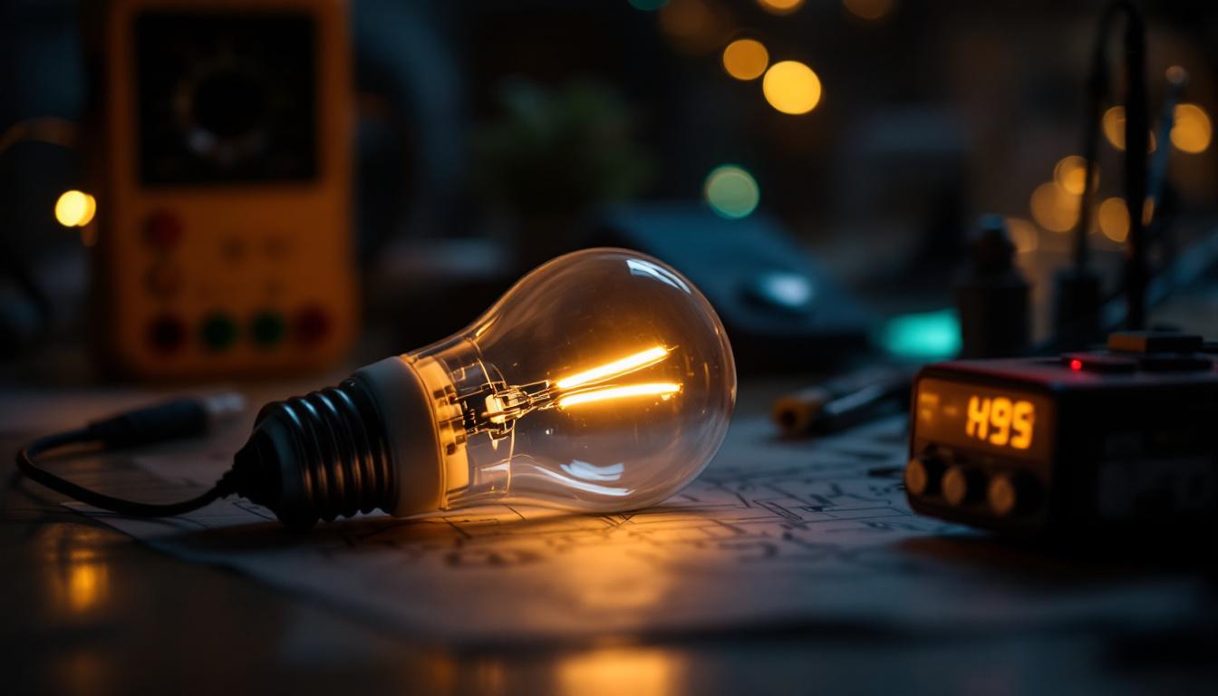 A photograph of a close-up of a 14-watt led light bulb illuminated in a dimly lit environment