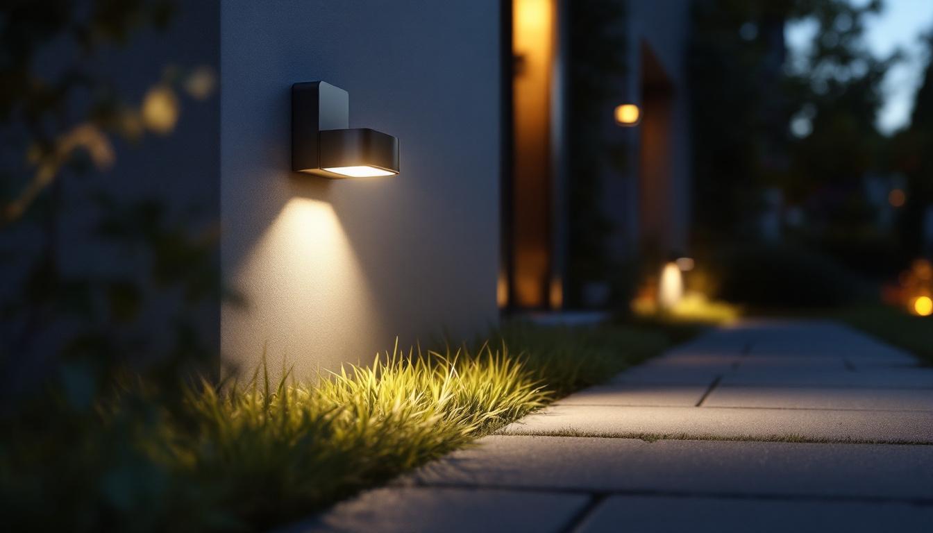 A photograph of a well-lit outdoor setting featuring a stylish sensor light in action
