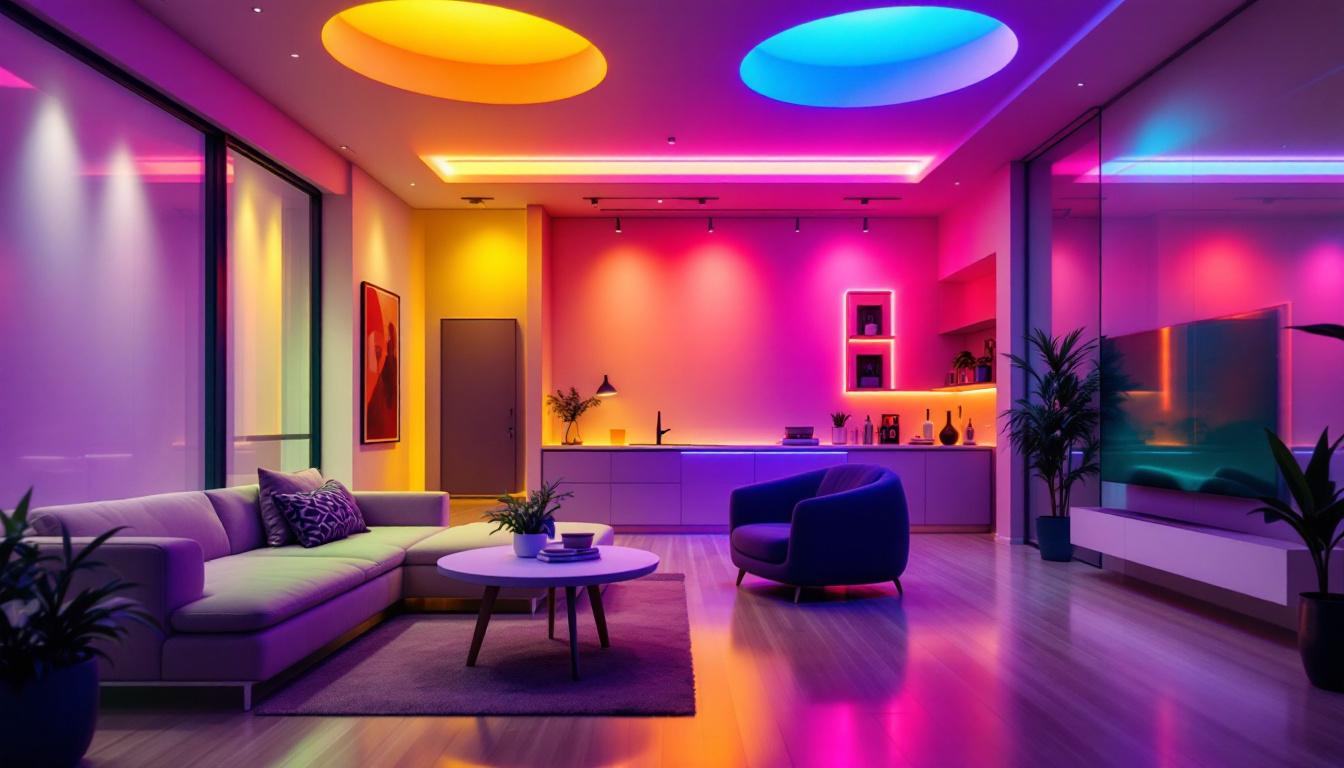 A photograph of a beautifully designed room featuring color-changing led recessed lights in action