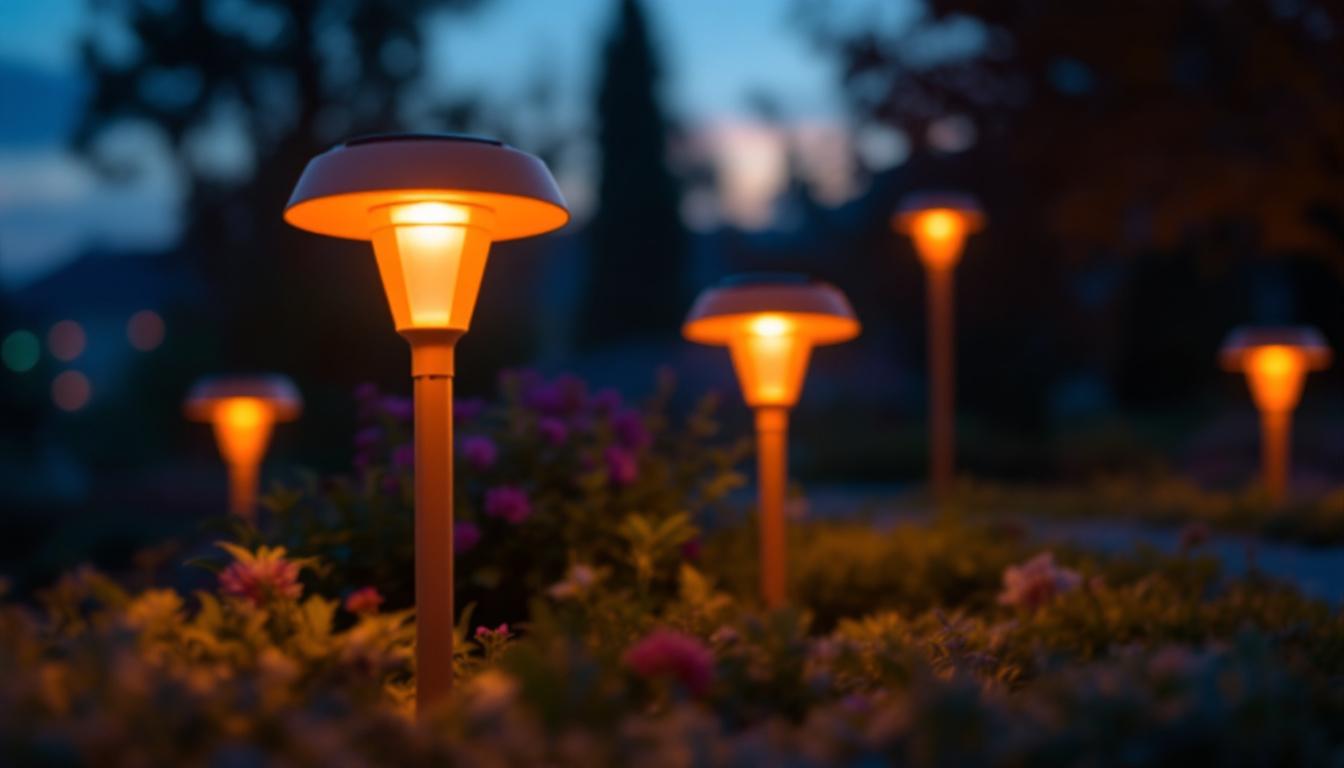 A photograph of a close-up shot of vibrant orange solar lights illuminating a garden or pathway at dusk