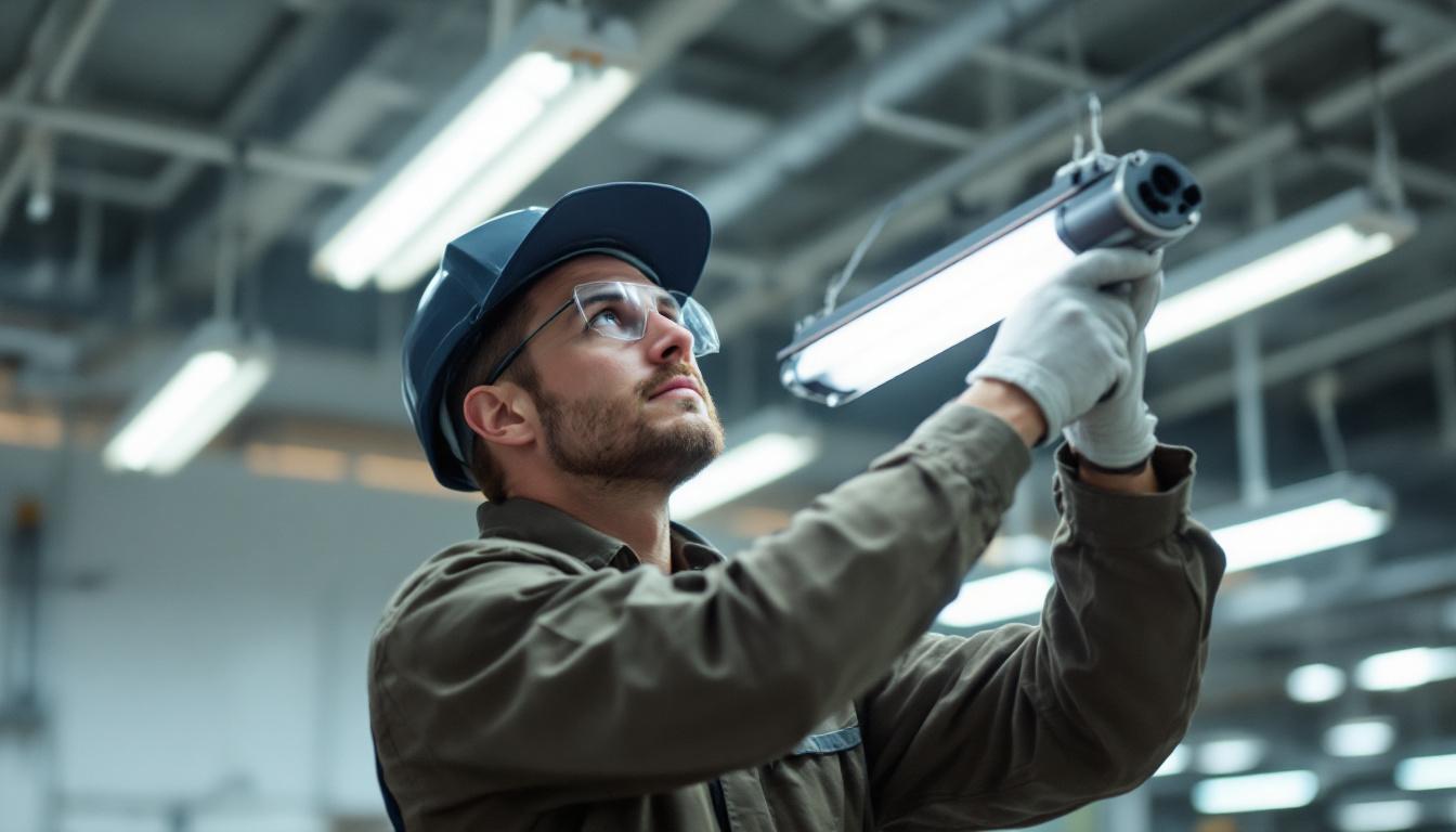 A photograph of a skilled technician installing a fluorescent ballast in a well-lit environment