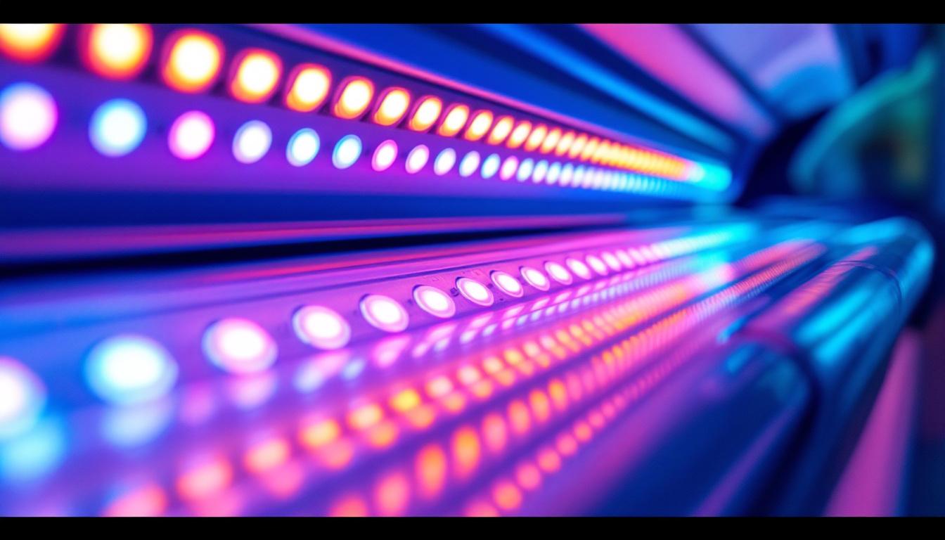 A photograph of a close-up shot of a tanning bed with vibrant