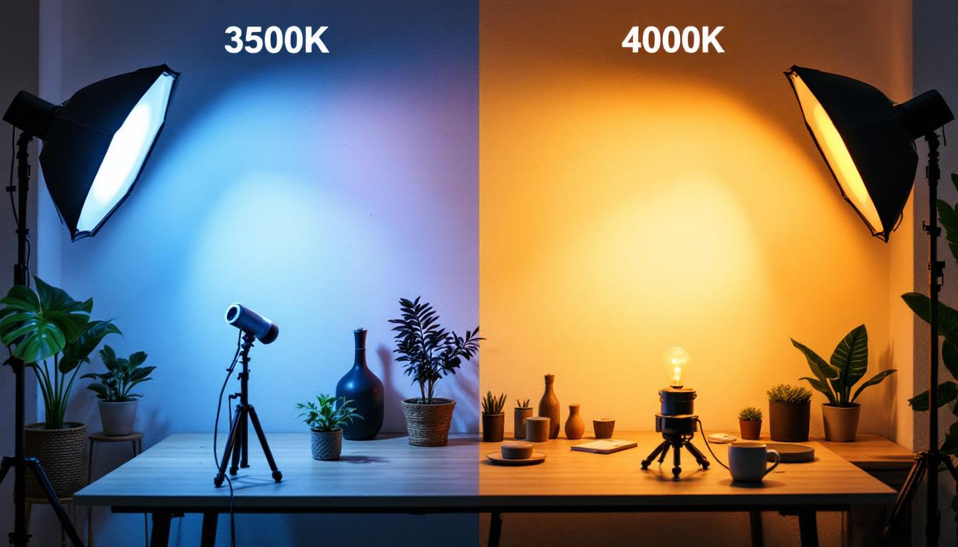 A photograph of a side-by-side comparison of two lighting setups—one with a 3500k bulb and the other with a 4000k bulb—showcasing the differences in color temperature and ambiance in a well-lit indoor space
