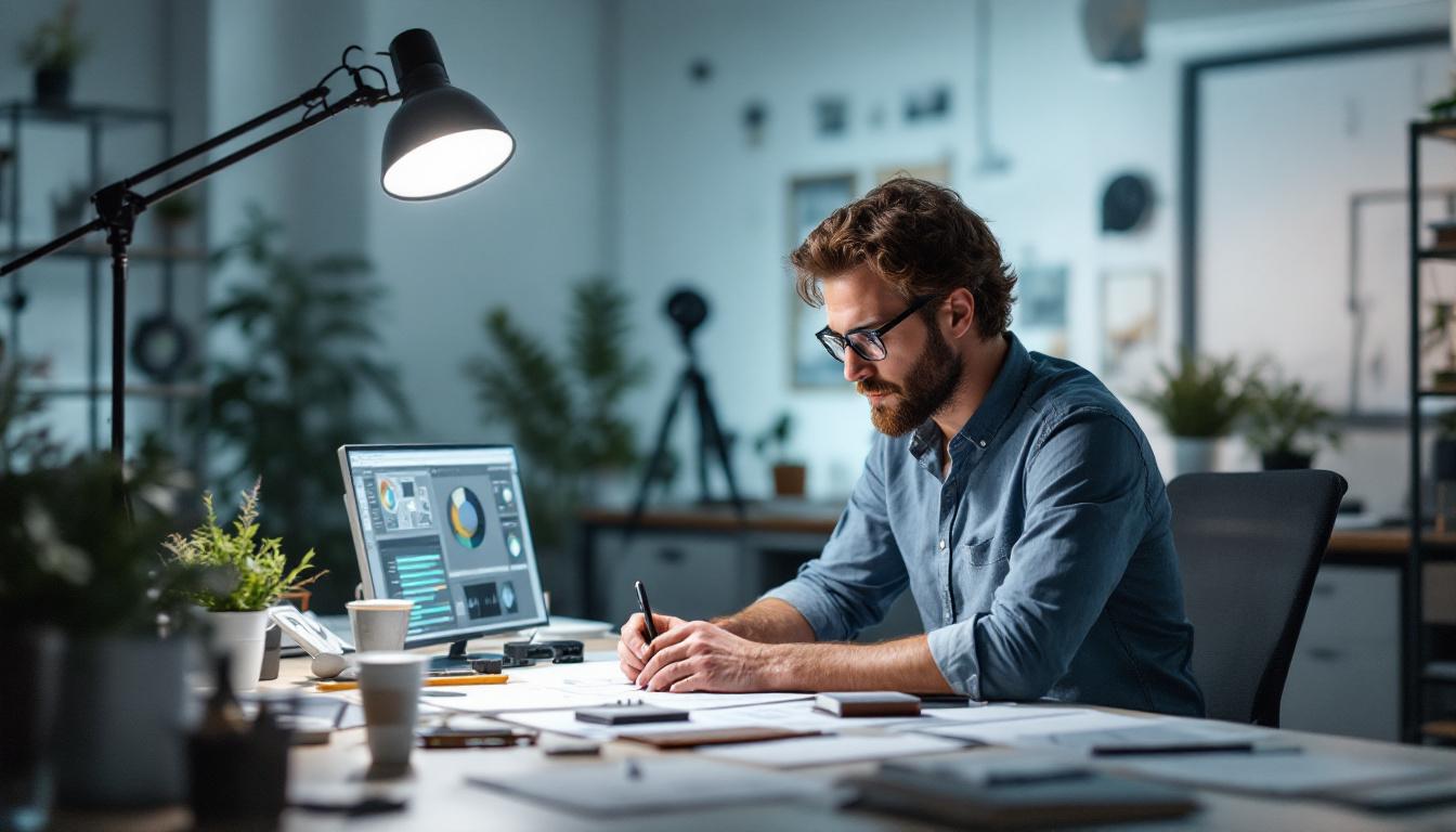 A photograph of a lighting engineer in a modern workspace