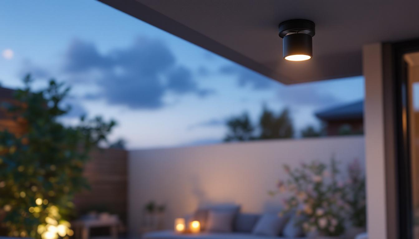 A photograph of a stylish and modern ceiling mount outdoor light fixture installed in an inviting outdoor setting