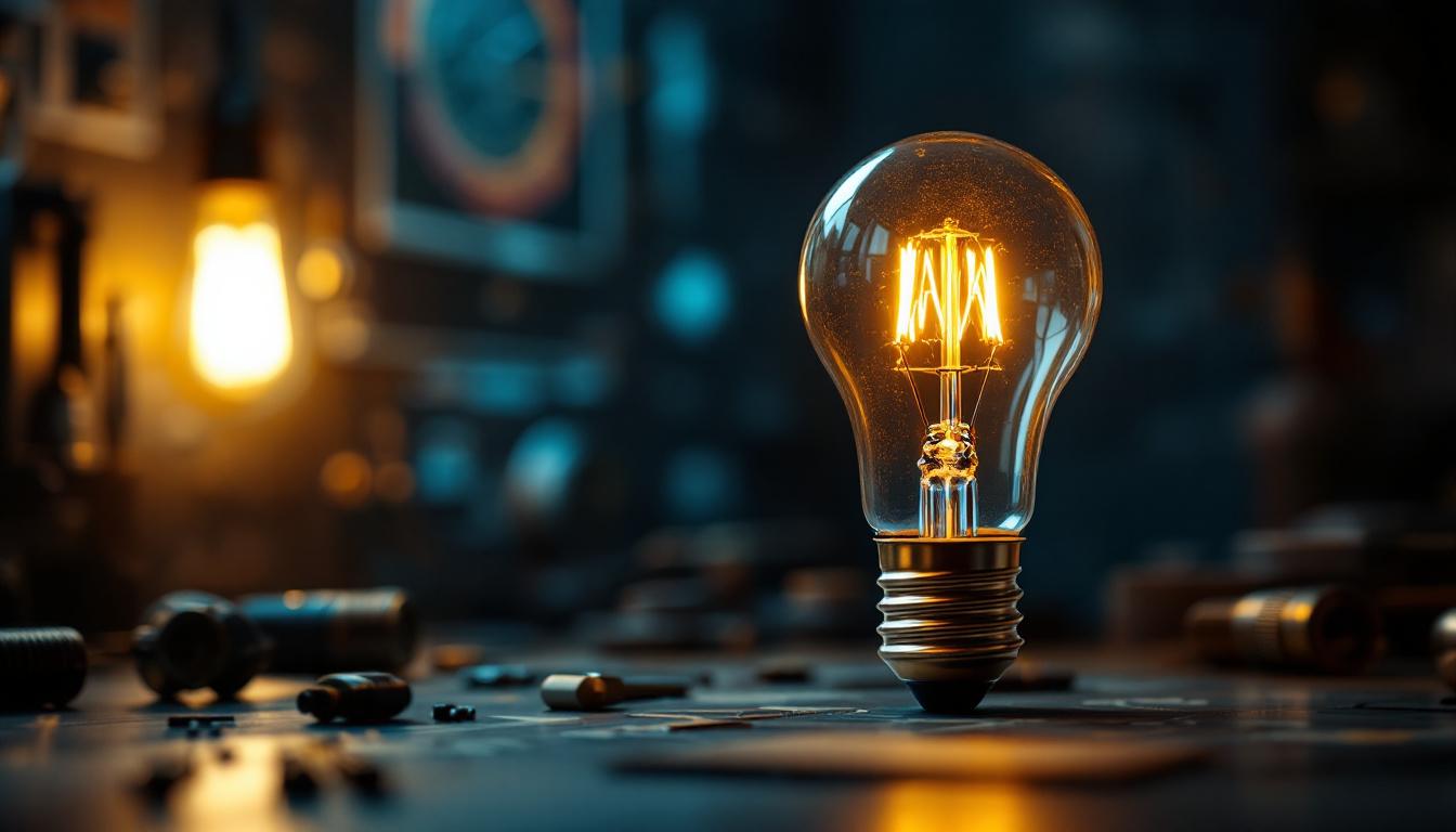 A photograph of a close-up shot of a type a19 light bulb illuminated in a stylish setting