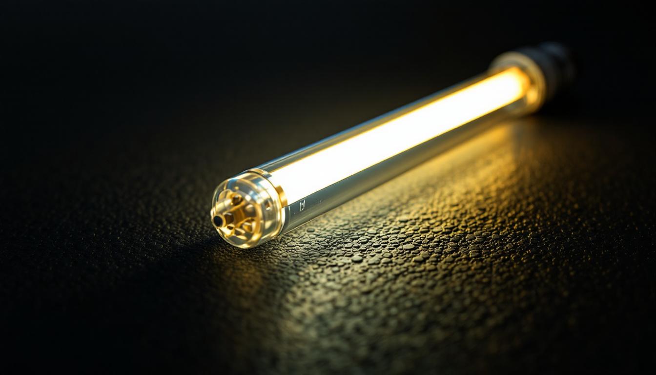 A photograph of a close-up of a lit led long bulb illuminating a textured surface