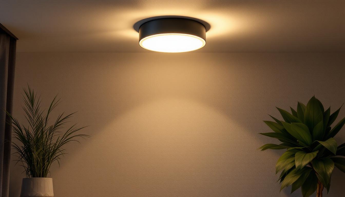 A photograph of a stylish industrial flush mount ceiling light installed in a modern interior setting