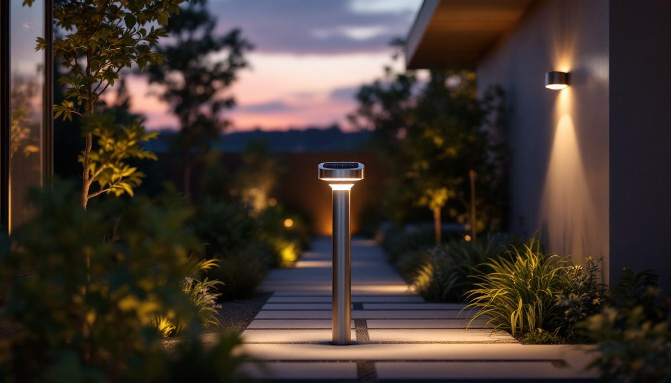 A photograph of a solar-powered ring pathlight illuminating a modern outdoor space at dusk