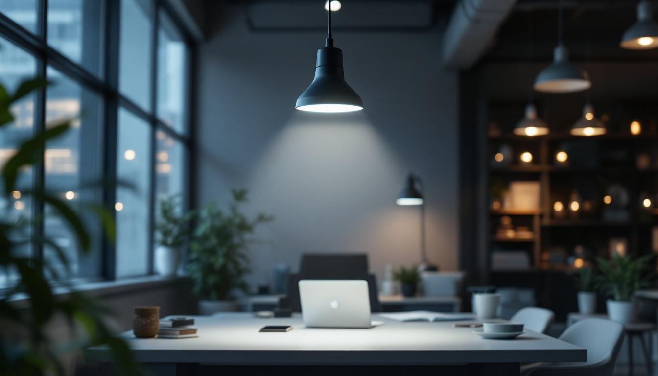 A photograph of a sleek commercial led fixture in a modern workspace