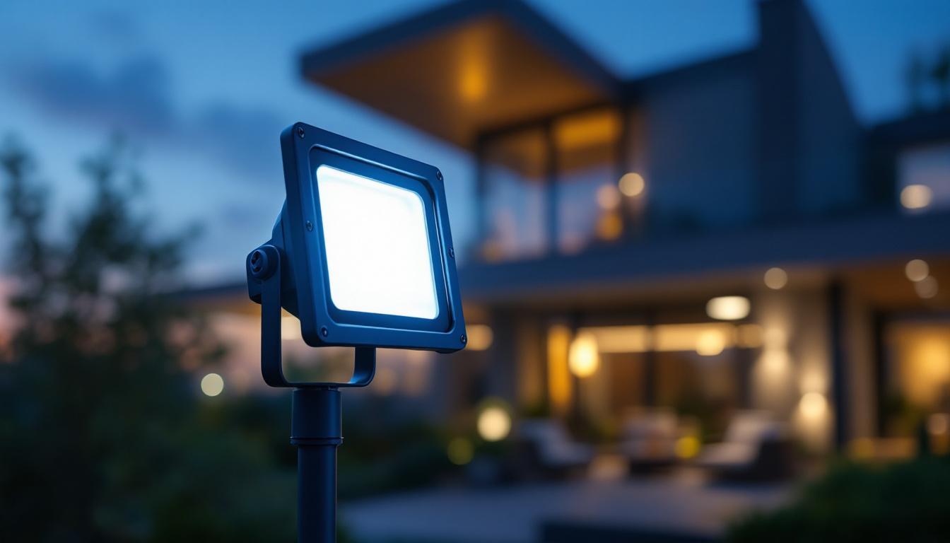 A photograph of a small flood light bulb in a dynamic setting