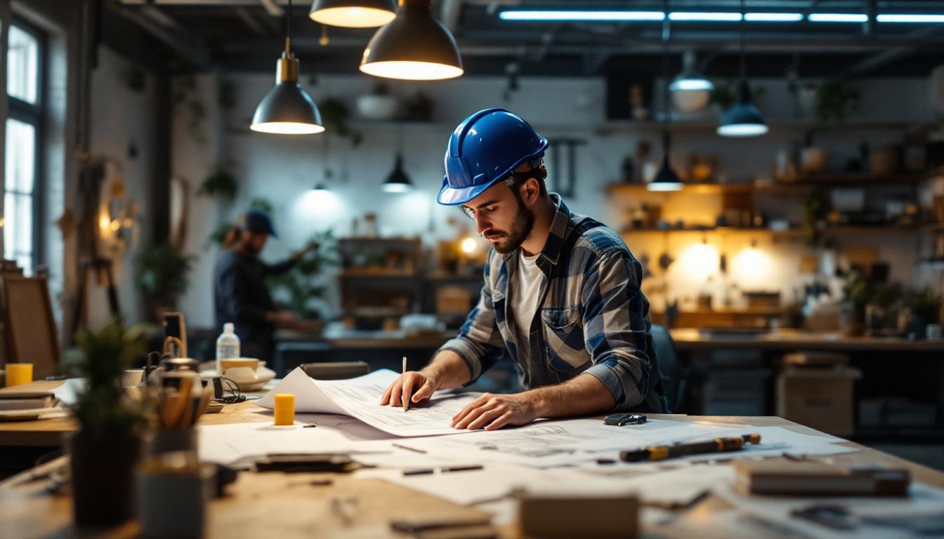 A photograph of a well-lit workspace featuring an electrical engineer analyzing overhead bar lights