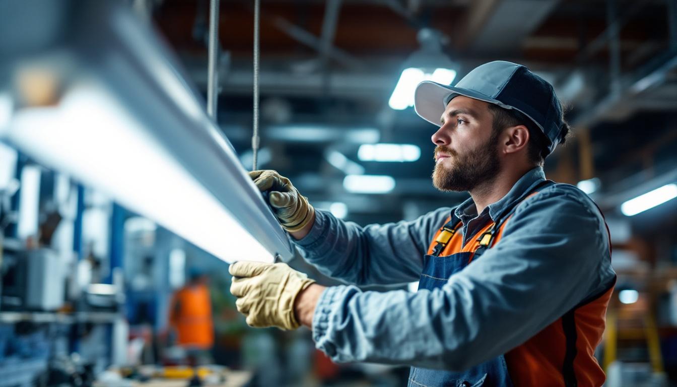 A photograph of a technician expertly replacing a fluorescent fixture ballast in a well-lit commercial setting