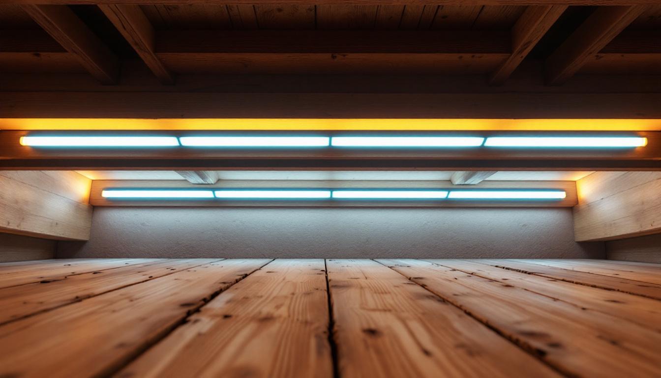 A photograph of a well-designed interior space showcasing led strip lights elegantly installed along wooden beams