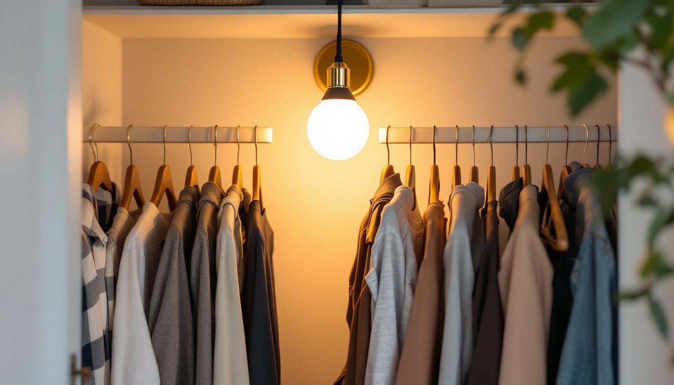 A photograph of a stylish pull string closet light in a well-organized closet setting