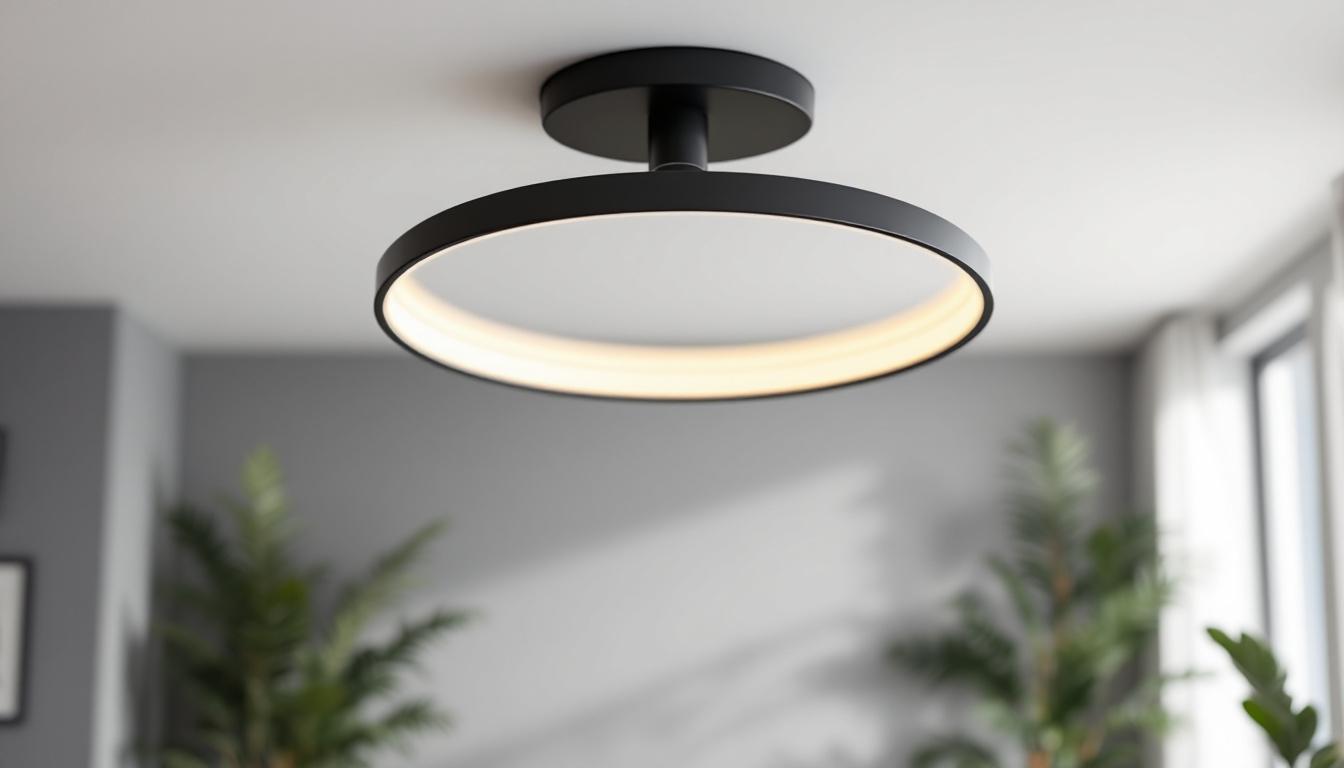 A photograph of a sleek black and white ceiling light fixture in a stylishly designed room
