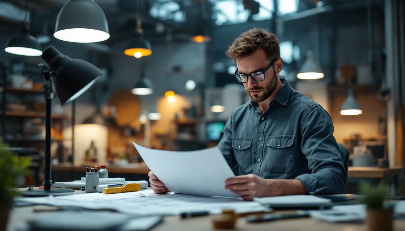 A photograph of a well-lit engineering workspace featuring a variety of lighting fixtures