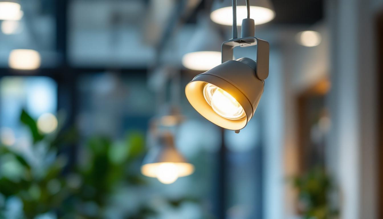 A photograph of a close-up of an adjustable light fixture mounting bracket in use