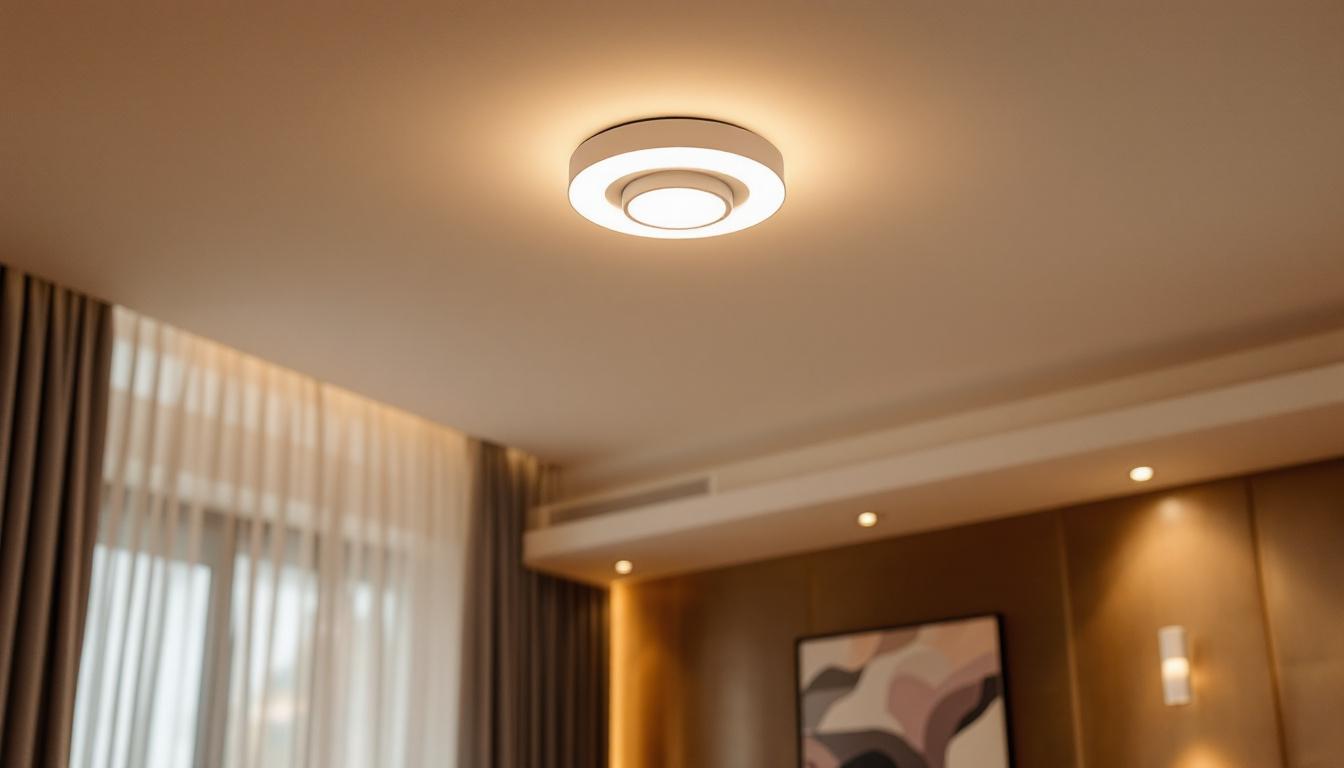 A photograph of a beautifully designed screw-in ceiling light fixture installed in a stylish room setting