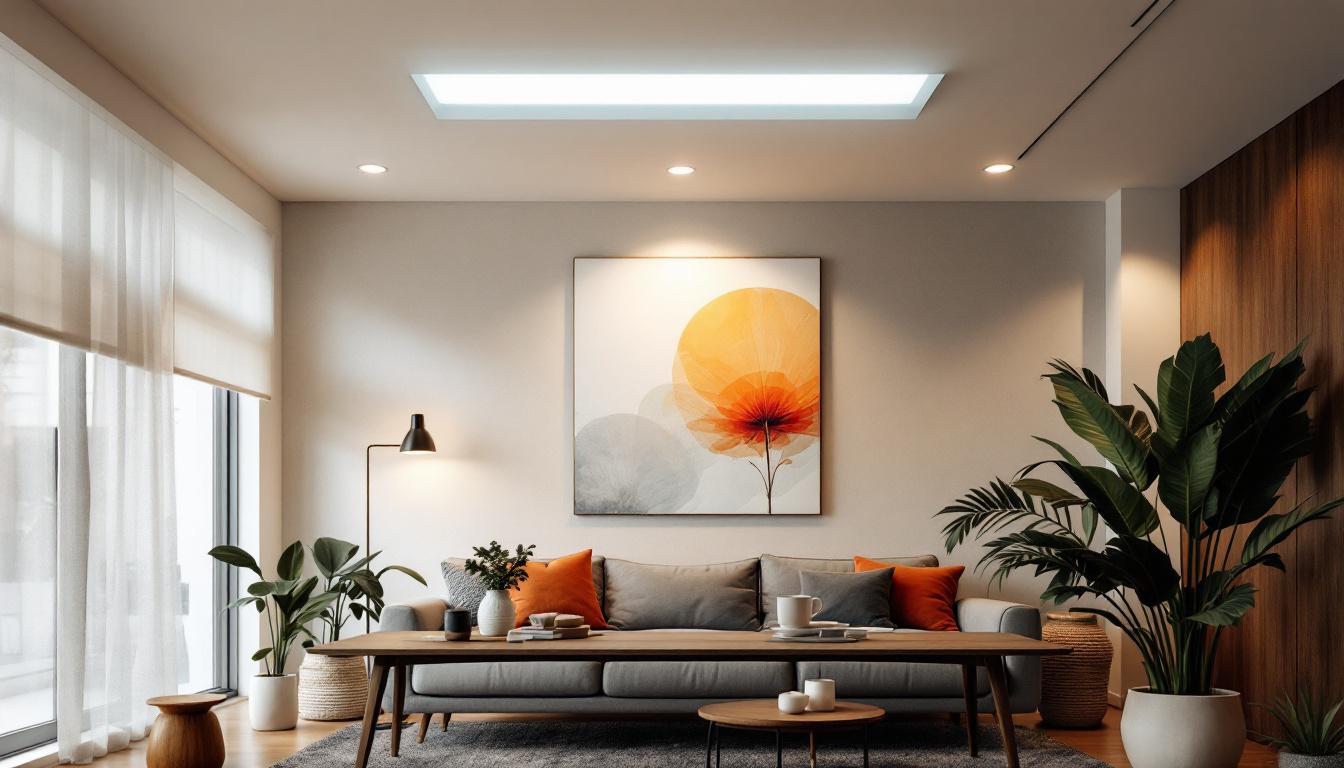 A photograph of a well-lit room showcasing the transformation from a fluorescent light fixture to recessed lighting