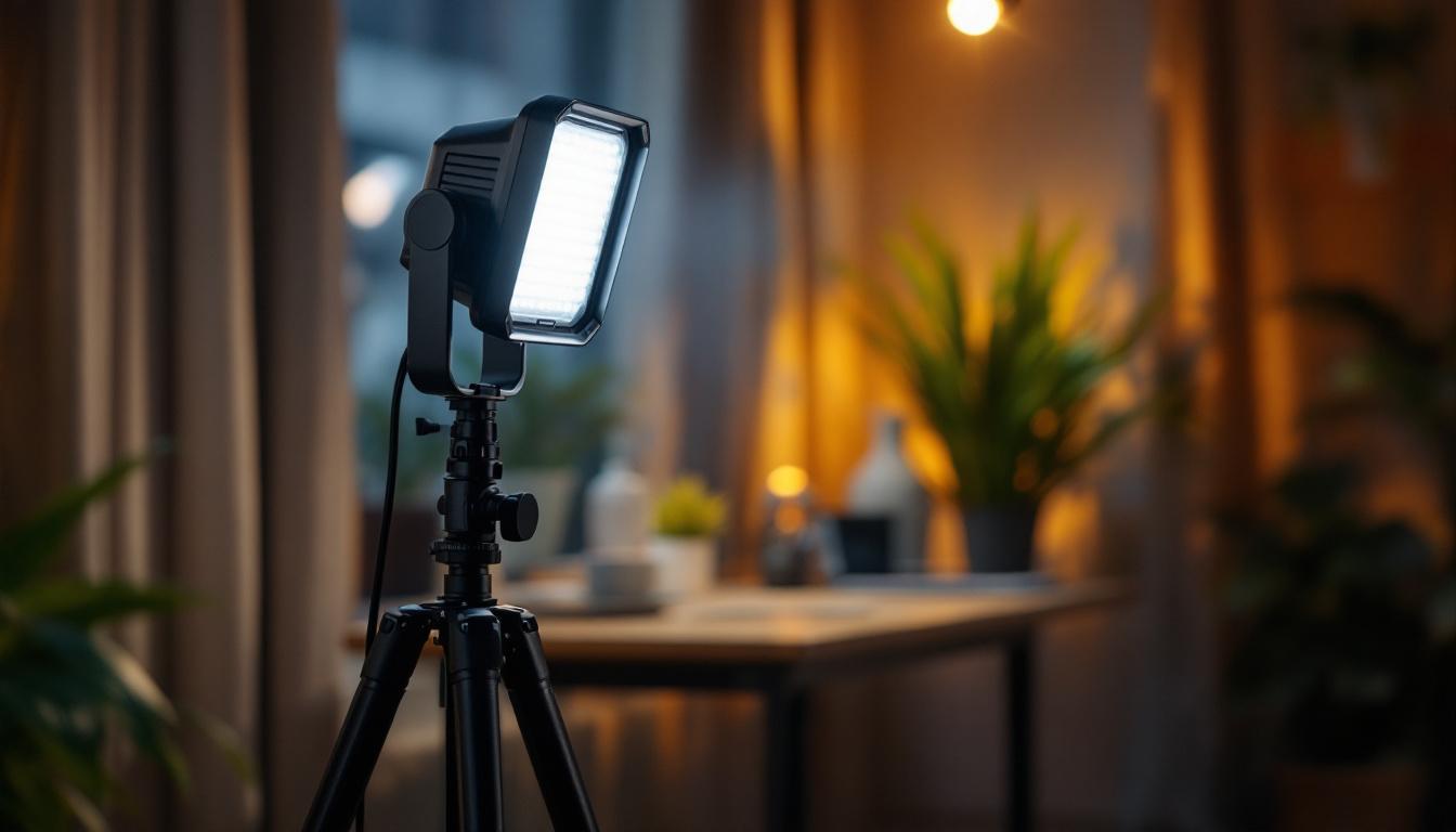 A photograph of a portable light setup on a sturdy stand