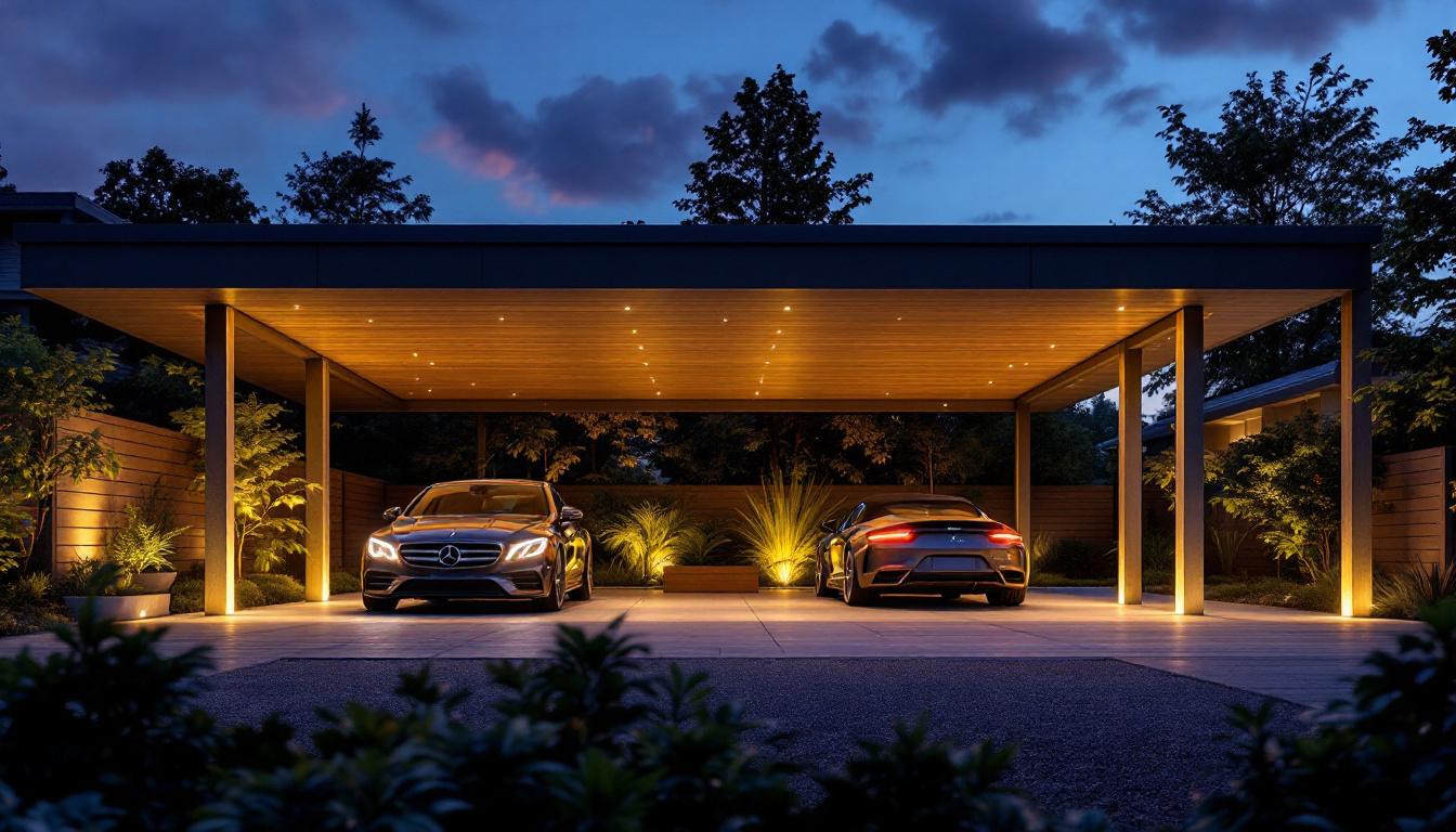 A photograph of a well-lit carport at dusk
