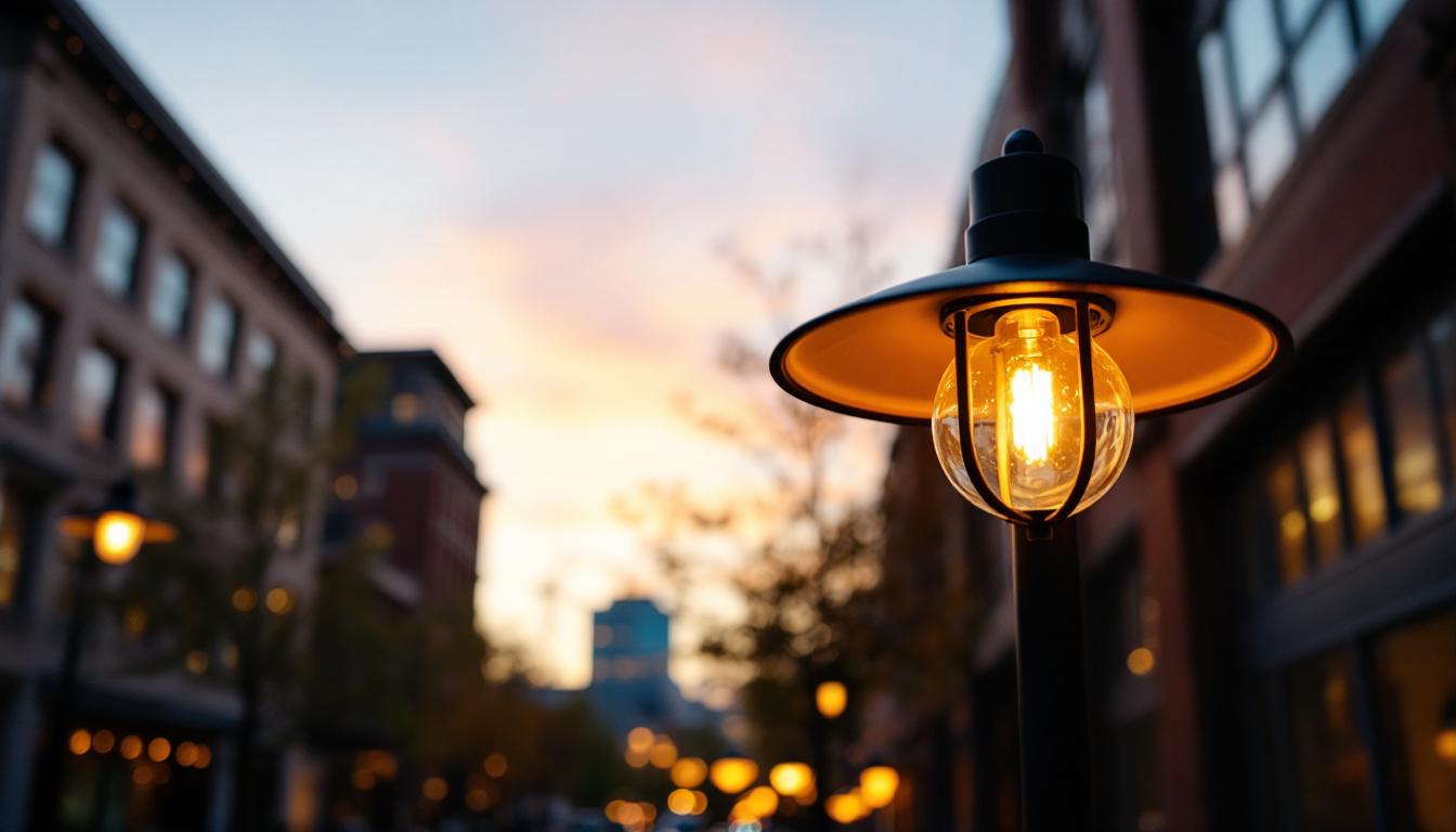 A photograph of a modern ballard light fixture in a well-lit urban setting