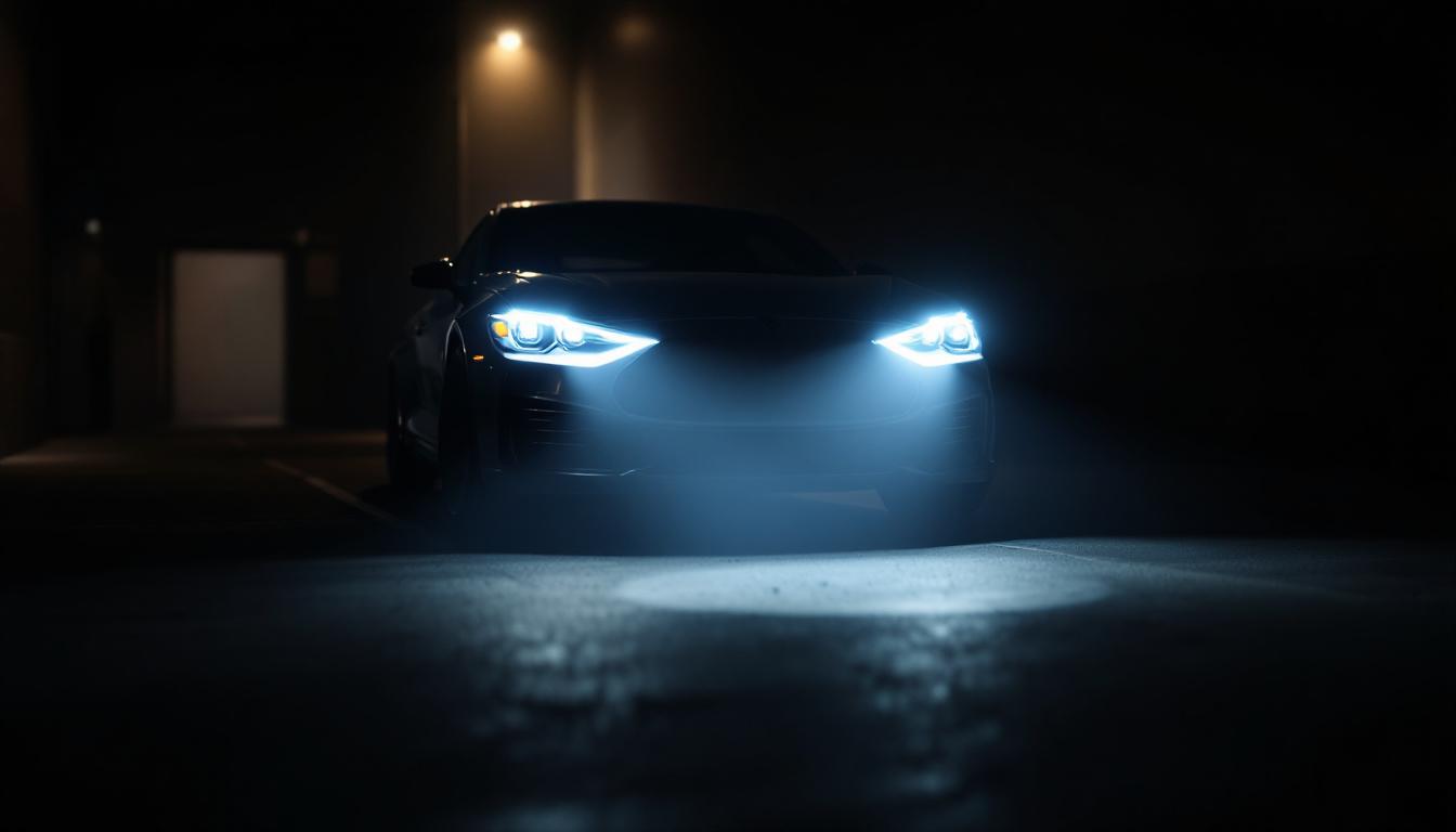 A photograph of a car parked in a dimly lit environment