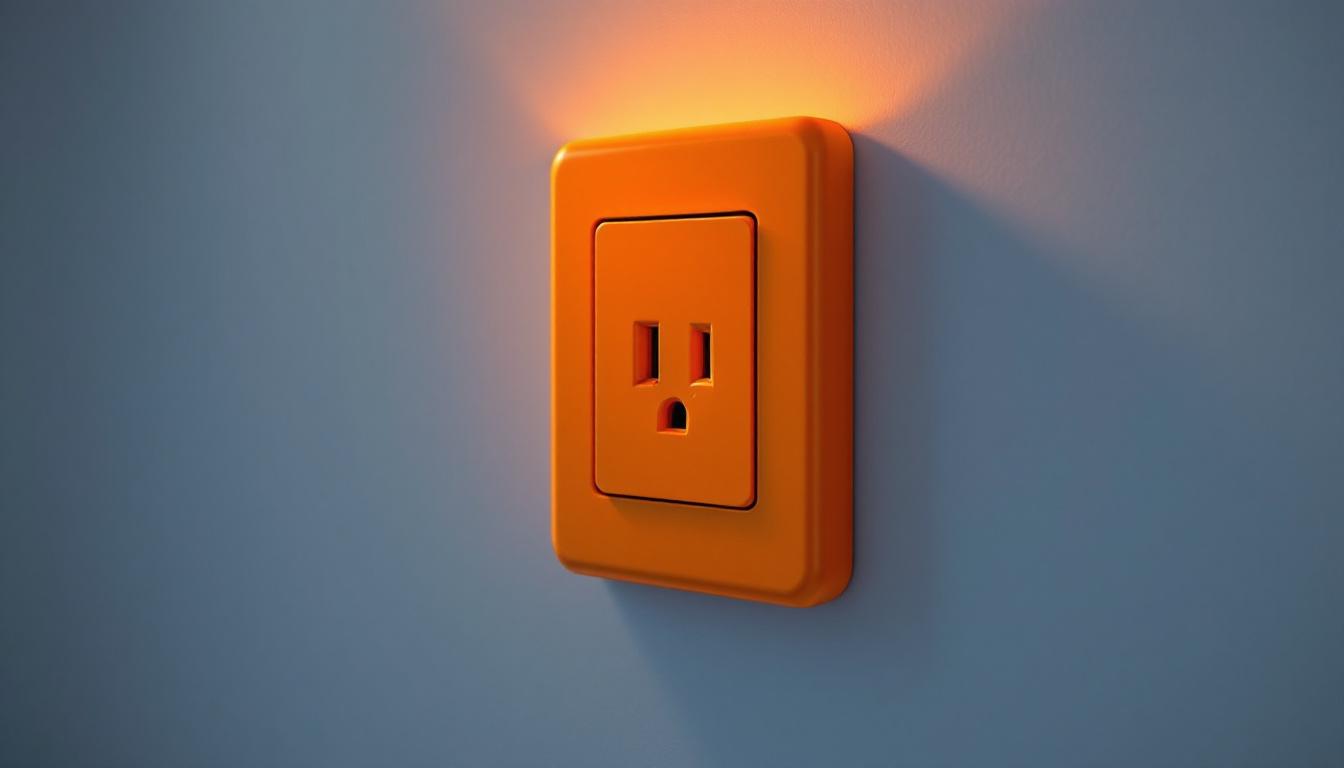 A photograph of a vibrant orange electrical outlet prominently installed in a well-lit room