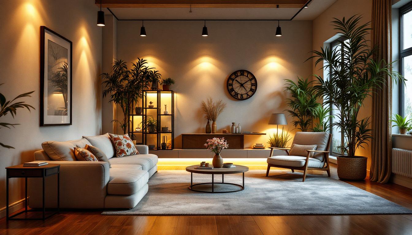 A photograph of a beautifully lit interior space featuring can lights that highlight the room's design elements