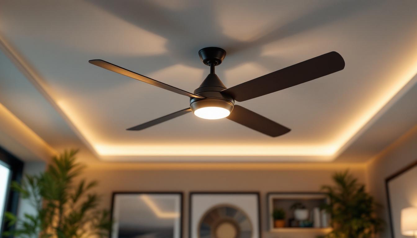 A photograph of a stylish and unique ceiling fan with integrated lighting