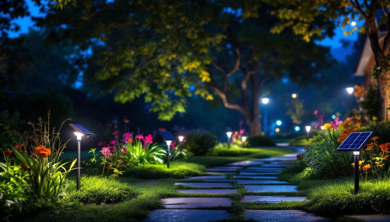 A photograph of a vibrant outdoor scene illuminated by high power solar lights